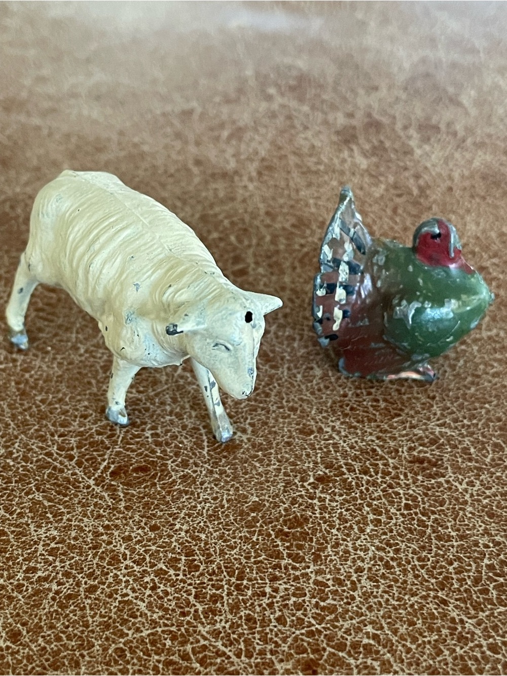 Vintage Antique Lead Farm Animals Toy Cream Sheep Figurine & Green Red Turkey